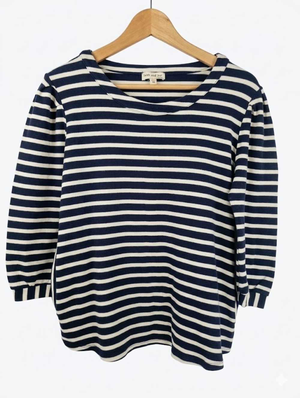 Faith and Joy Navy White Striped Crewneck Light Sweater Pockets Cotton Size M